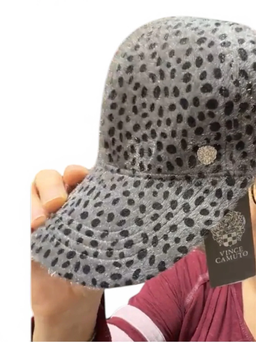 Vince Camuto Gray & Black Leopard-Print Studded Baseball Cap